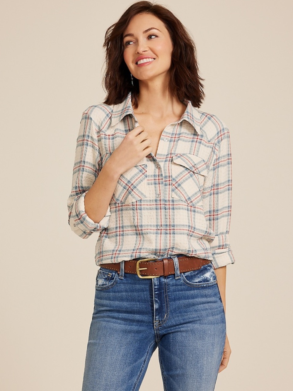 NWT Maurices Cream Plaid Button-Down Shirt with Blue & Dull Red Accents